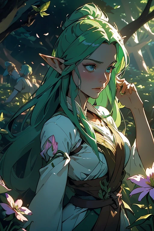 (((Wood elves floating above the forest, Tearing flowers in the forest ))) green hair, body, Radial glow, white fern flowers, Optical, Panoramic lighting, atmospheric perspective, dawn, Smoothing: 5D, Light painting, Color, beautiful countenance, clear facial features, symmetrical transparent wings, impressive detail