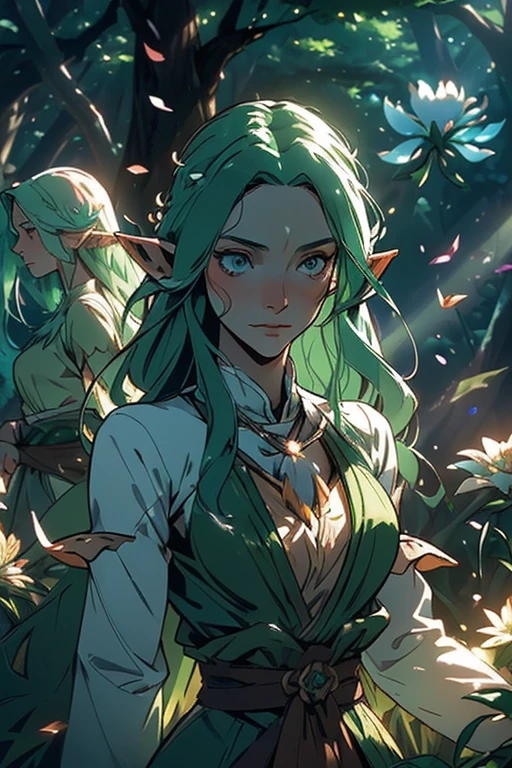 (((Wood elves floating above the forest, Tearing flowers in the forest ))) green hair, body, Radial glow, white fern flowers, Optical, Panoramic lighting, atmospheric perspective, dawn, Smoothing: 5D, Light painting, Color, beautiful countenance, clear facial features, symmetrical transparent wings, impressive detail