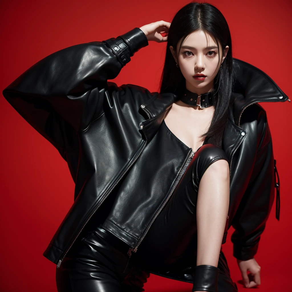 Kpop idol concept picture for dark concept. Black hair, red and black leather outfit, black crown. Red background.