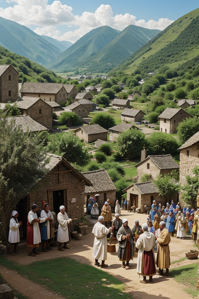 A village scene depicting the arrival of a saint, with villagers gathering around.