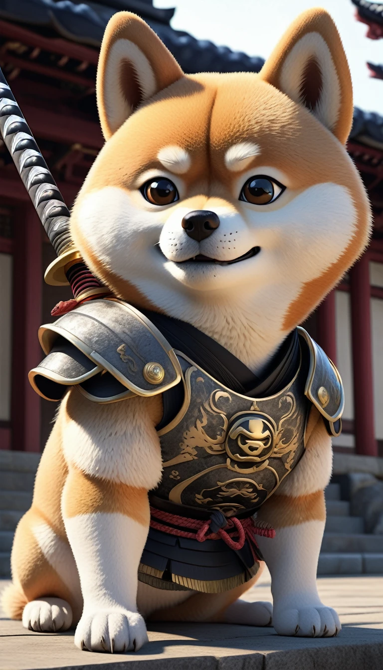 Close-up shot of a Shiba Inu, Shiba Inu Samurai,whole body, Holding a Japanese sword wrapped in black lightning,Wearing armor from the Sengoku period of Japan, Background of the Japan Temple, High resolution, masterpiece, Highest quality, Super detailed, Super detailed, Ultra-realistic,
Japan style, 3D Fluffy, Cute and adorable close-ups, Cute big round reflective eyes, Long fuzzy fur, Pixar Rendering, unreal engine Cinematic smooth, Exquisite detail, Cinematic