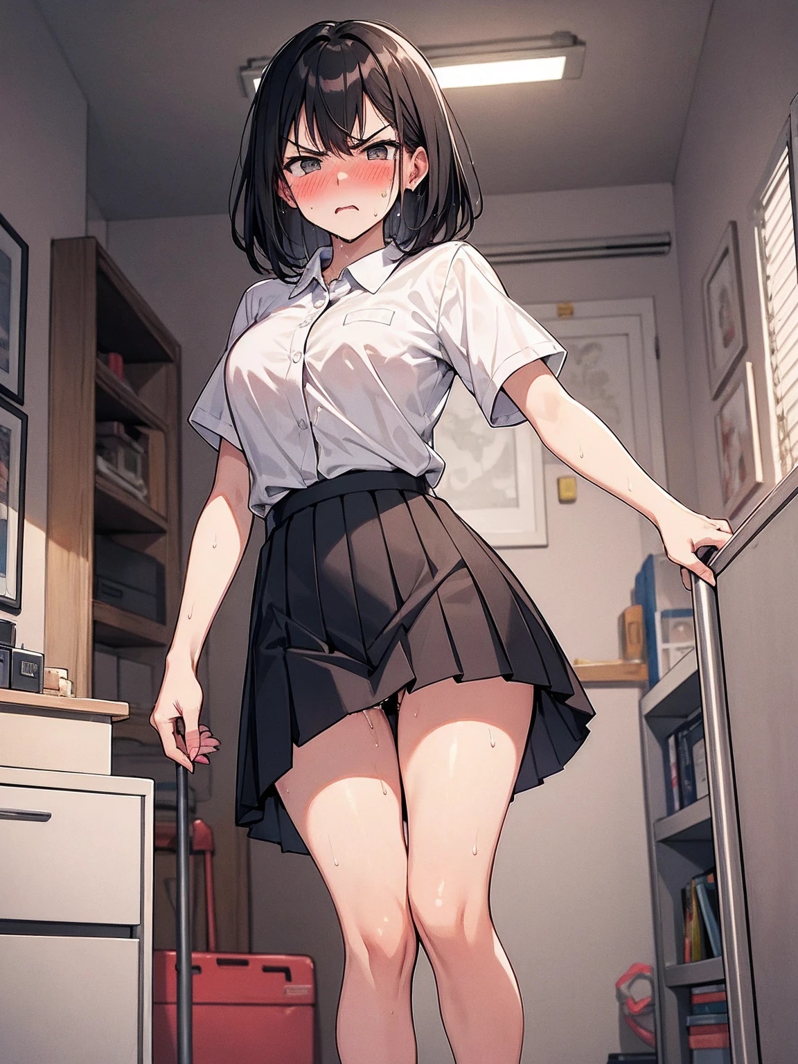 Grabbing a dildo inserted in her pussy, Pleated skirt, My Room, (Angry face, blush, Sweat), standing