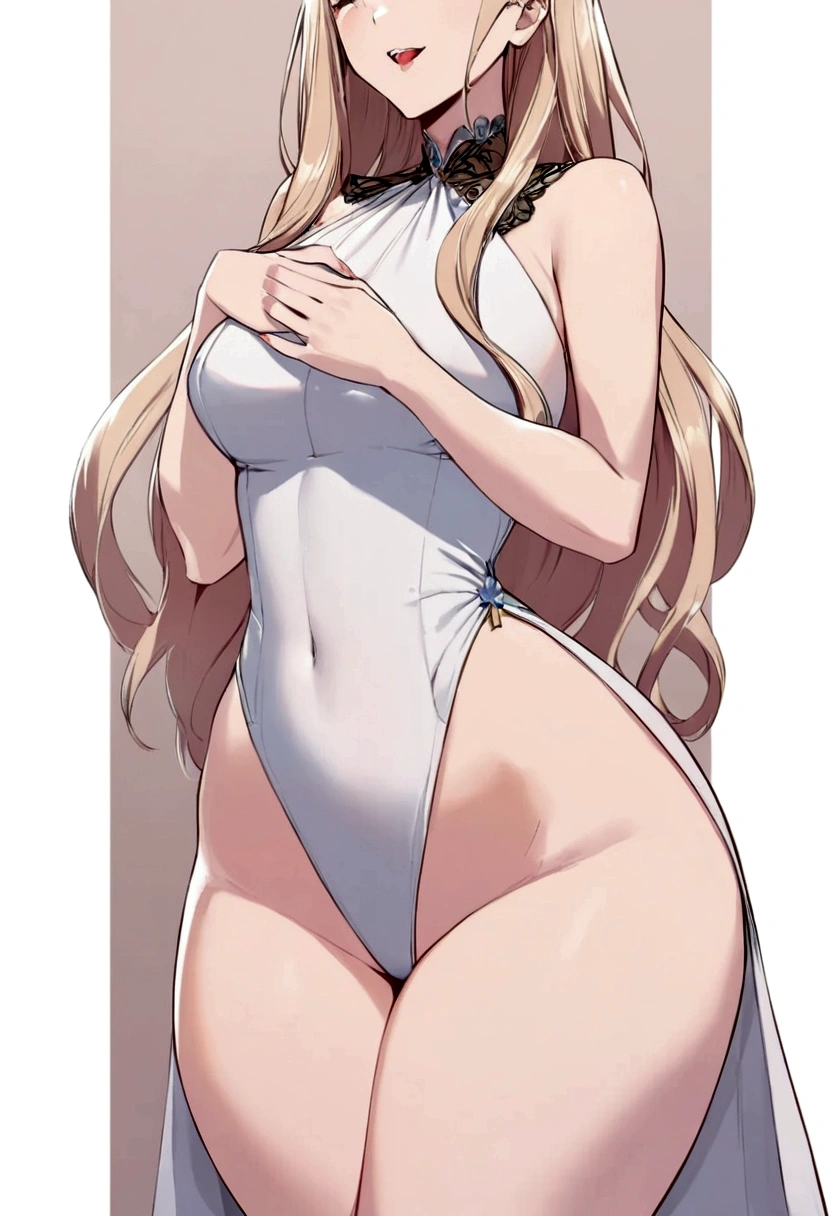 Girl in a long blouse covering her chest and thighs