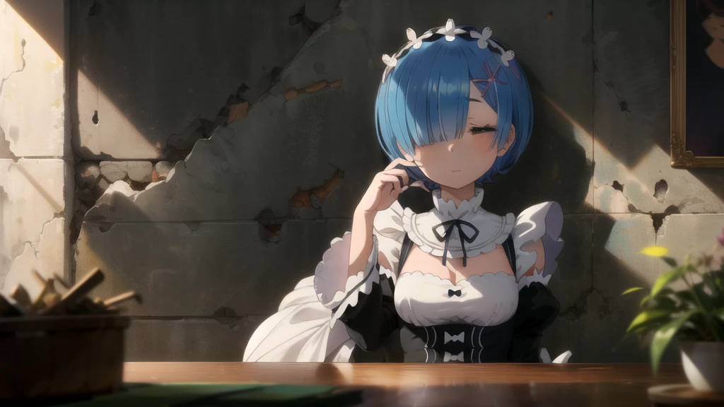 masterpiece,Best quality,1 girl,REM sleep,blue hair,short hair,hair over one eye,hair ornament,maid,sitting on the table,near the wall,closed eyes,sleep,USA,