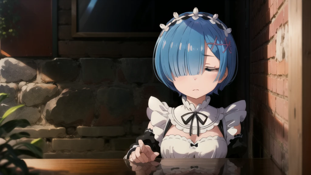 masterpiece,Best quality,1 girl,REM sleep,blue hair,short hair,hair over one eye,hair ornament,maid,sitting on the table,near the wall,closed eyes,sleep,USA,