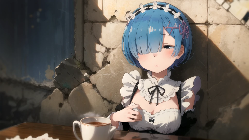 masterpiece,Best quality,1 girl,REM sleep,blue hair,short hair,hair over one eye,hair ornament,maid,sitting on the table,near the wall,closed eyes,sleep,USA,