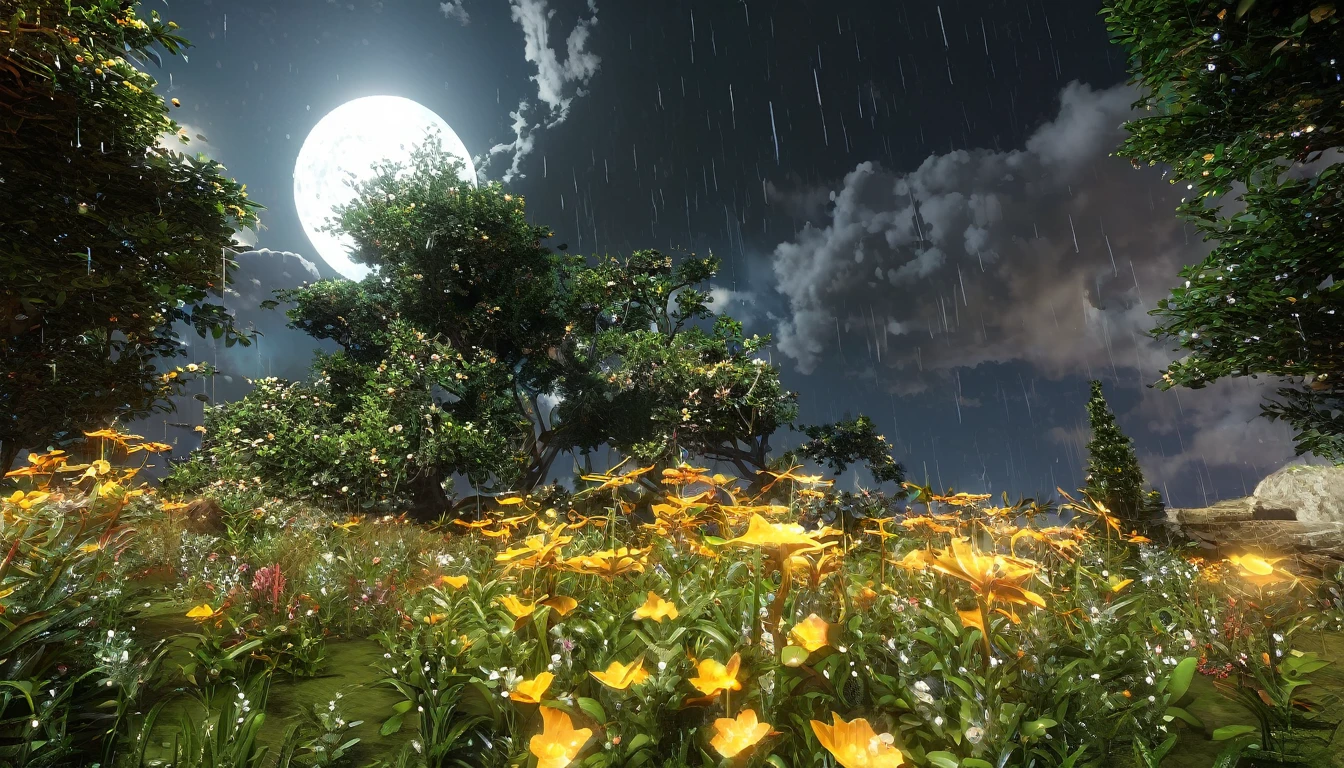 sky, cloud, moon, tree, flower, rain, Spectacular view, 16K, Unreal Engine, Octane Render, highest quality, ultra-high definition, Realistic, Photorealism, fantastic, digital art, artgerm, trending on artstation, uninhabited, concept art, exaggerated artistic expression, cinematic unrealistic style concept art, highly detailed, The size of the artifact is a realistic size balance compared to other objects around it,