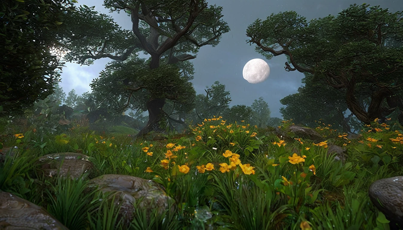 sky, cloud, moon, tree, flower, rain, Spectacular view, 16K, Unreal Engine, Octane Render, highest quality, ultra-high definition, Realistic, Photorealism, fantastic, digital art, artgerm, trending on artstation, uninhabited, concept art, exaggerated artistic expression, cinematic unrealistic style concept art, highly detailed, The size of the artifact is a realistic size balance compared to other objects around it,