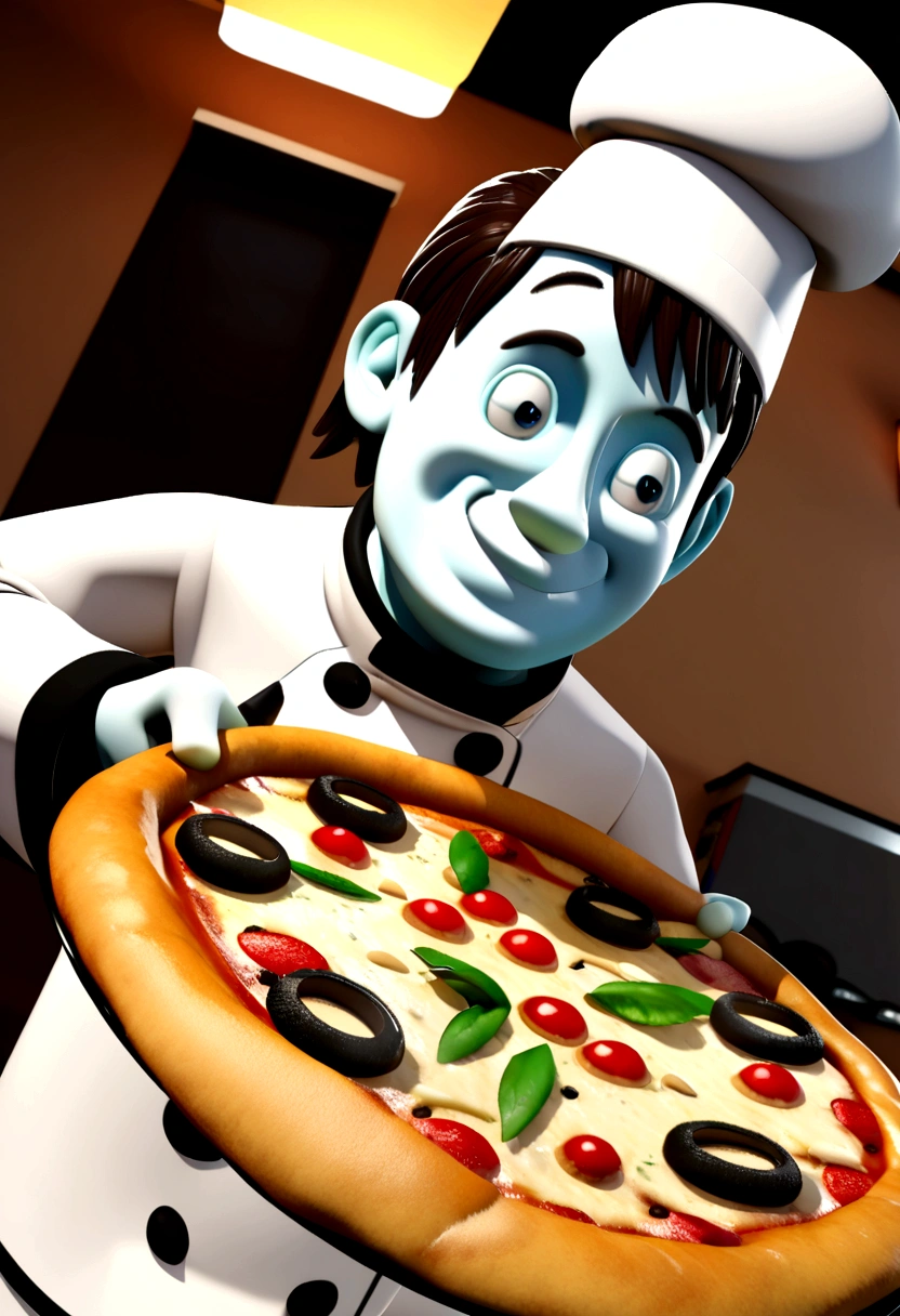 3D Pixar style drawing of a boy with white skin, dark brown hair, smiling, holding a pan with a delicious pizza, wearing a chef's hat and wearing a white hat