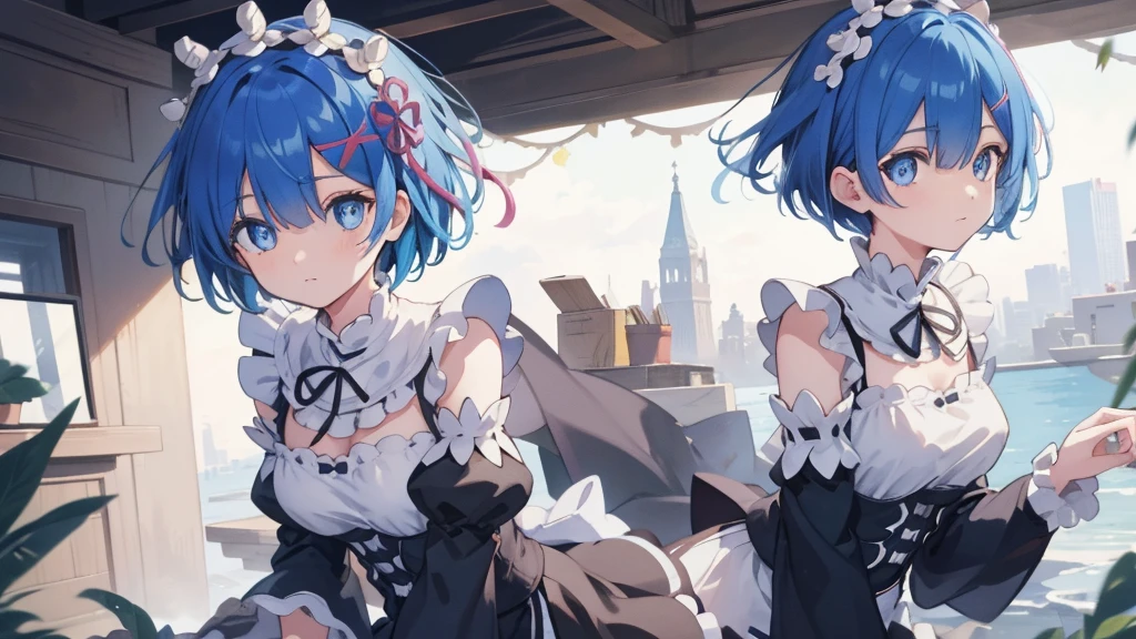 rezeroREM sleep, REM sleep, Blue eyes, blue hair, hair ornament, hair over one eye, hair tape, short hair, x hair ornament,
BREAK apron, black tape, black skirt, black sleeves, separate collar, cut off sleeves, flower, frilled apron, frilled skirt, frill, Wreath on the head, long sleeves, maid, miniskirt, neck tape, purple tape, tape, tape trim, tape-trimmed sleeves, roswaal mansion maid uniform, short hair, skirt, thigh high, waist apron, white apron, white thigh high,
BREAK outdoors, city,
BREAK looking at viewer,
BREAK (masterpiece:1.2), Best quality, A high resolution, unity 8k wallpaper, (illustration:0.8), (beautiful detailed eyes:1.6), extREM sleepely detailed face, perfect lighting, extREM sleepely detailed CG, (perfect hands, Ideal Anatomy),
