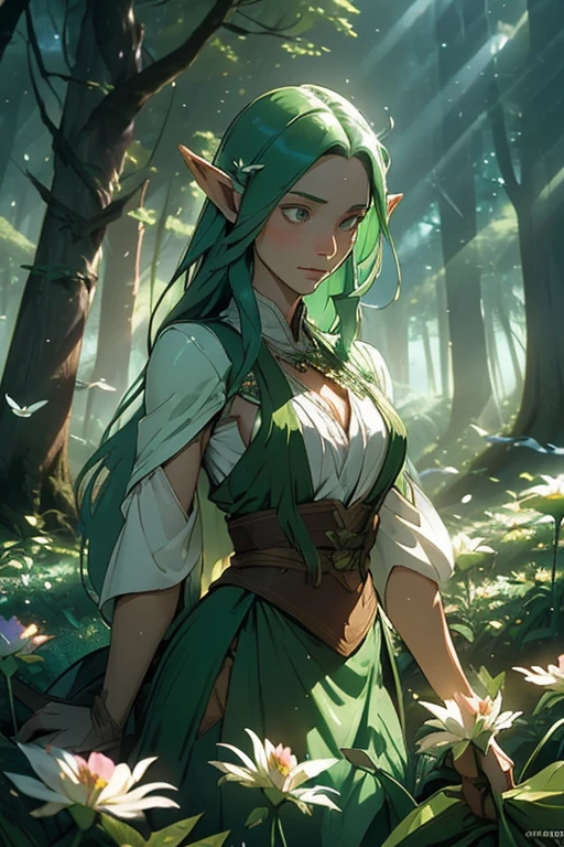 (((Wood elves floating above the forest, Tearing flowers in the forest ))) green hair, body, Radial glow, white fern flowers, Optical, Panoramic lighting, atmospheric perspective, dawn, Smoothing: 5D, Light painting, Color, beautiful countenance, clear facial features, symmetrical transparent wings, impressive detail