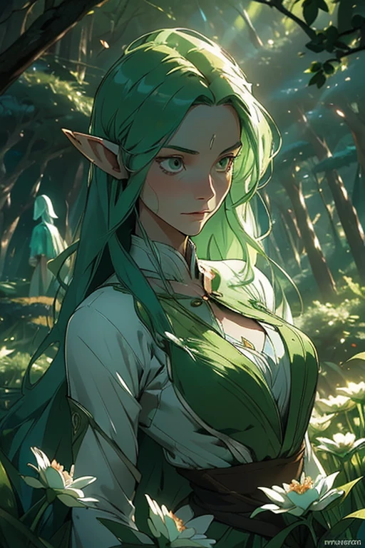(((Wood elves floating above the forest, Tearing flowers in the forest ))) green hair, body, Radial glow, white fern flowers, Optical, Panoramic lighting, atmospheric perspective, dawn, Smoothing: 5D, Light painting, Color, beautiful countenance, clear facial features, symmetrical transparent wings, impressive detail