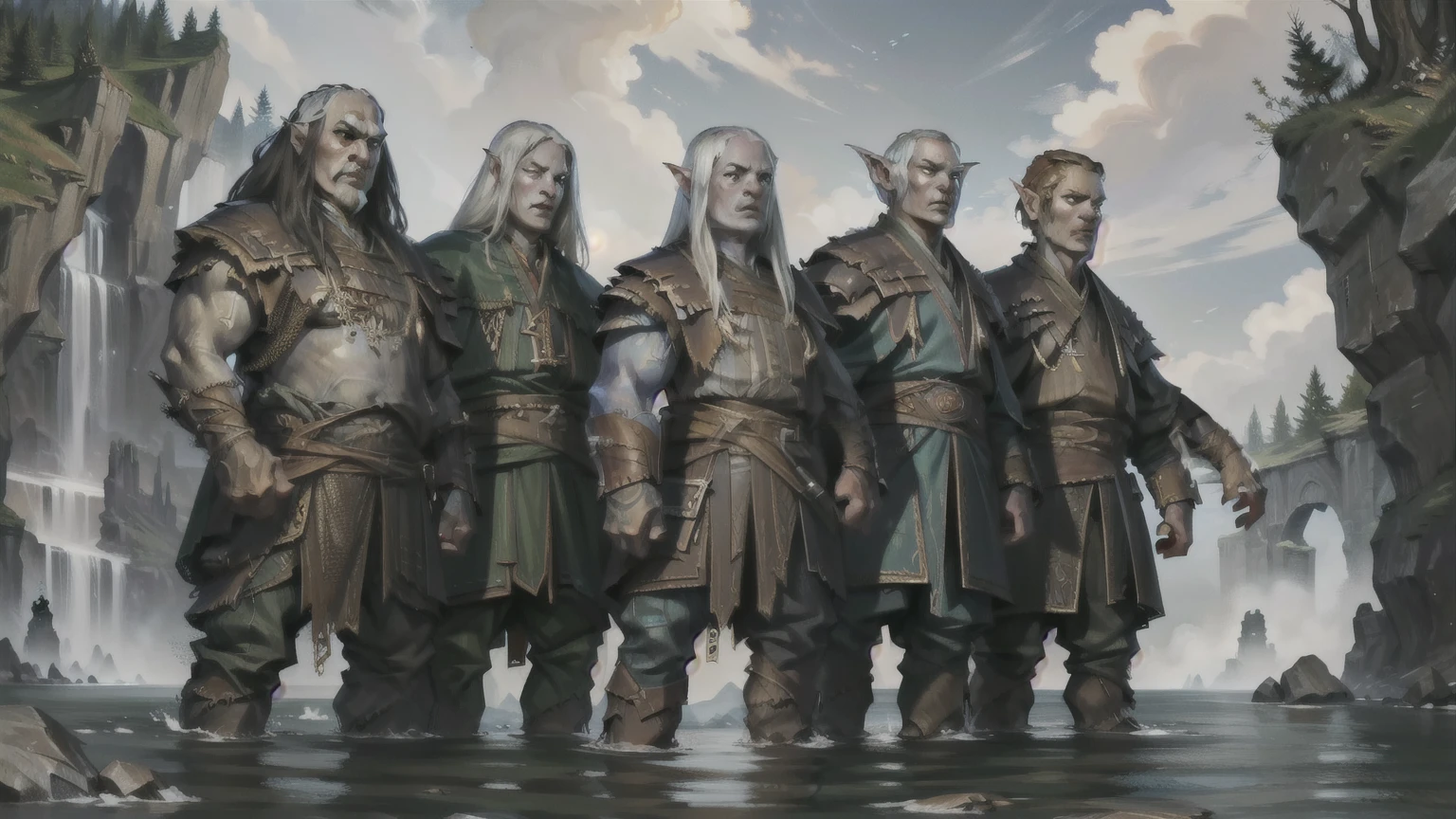 Now I want an image that combines the races I requested previously into an image with several characters of different races, Dwarves, Giants, humans, elves, newts, pale skin, pic-mans, neandertais, angels and black angels. several side by side