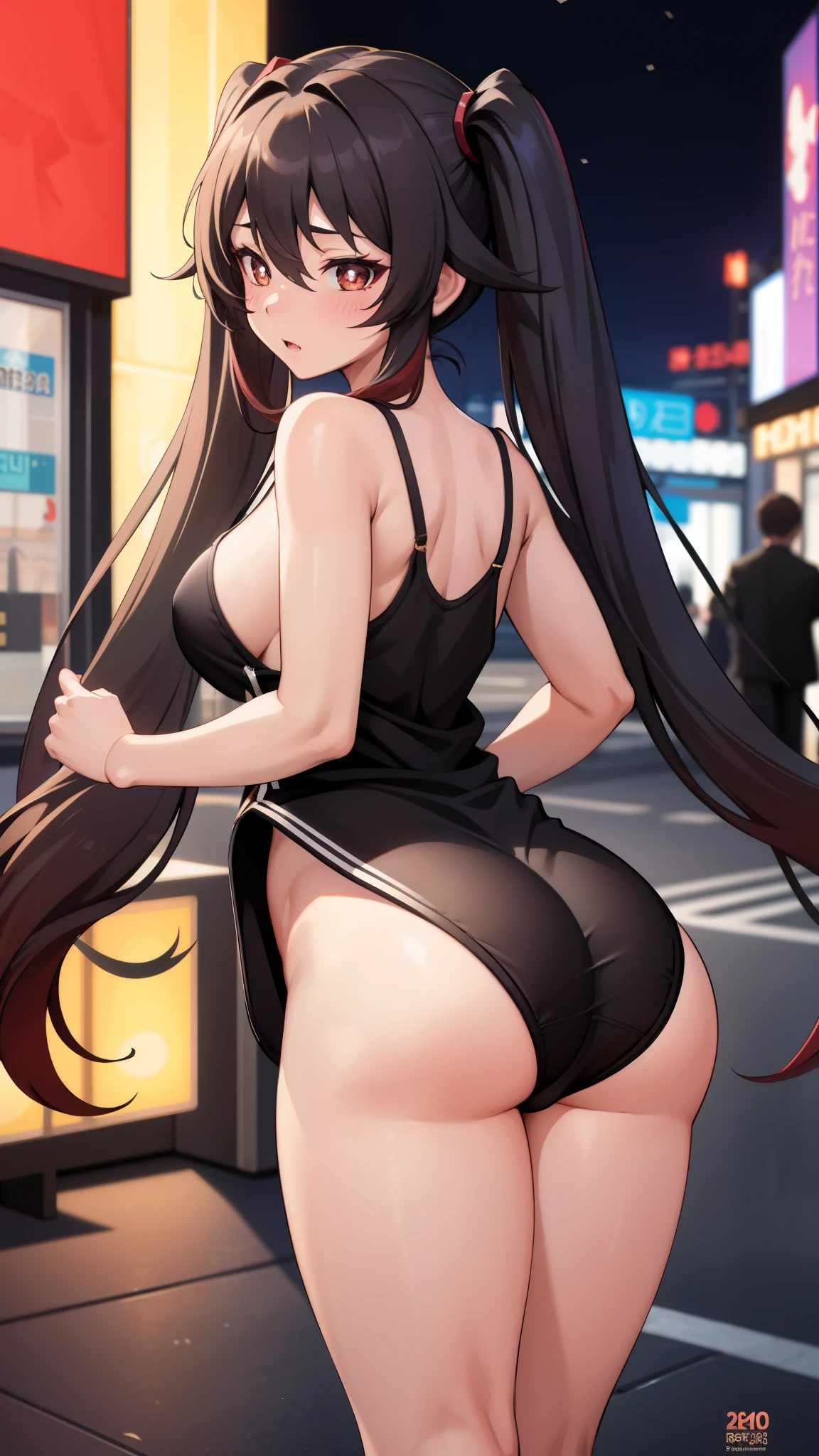 masterpiece, best quality, HuTaoV4, 1girl, solo, blush, twintails, long hair, hair between eyes, ((streetwear clothes)), city, outdoors, night, movie poster, extremely detailed 8K, smooth, high resolution, ultra quality, cinematic lighting, ambient occlusion, hd, 2k, 4k, 8k, 16k, extremely detailed anime, detailed faces, perfect composition, wide shot, atmospheric lighting, very sexy, lift skirt, random low back angle, uncensored, nsfw, sin censura