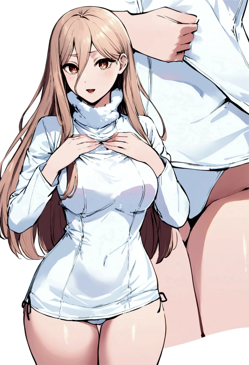 Girl wearing a cold-weather blouse covering her chest and thighs