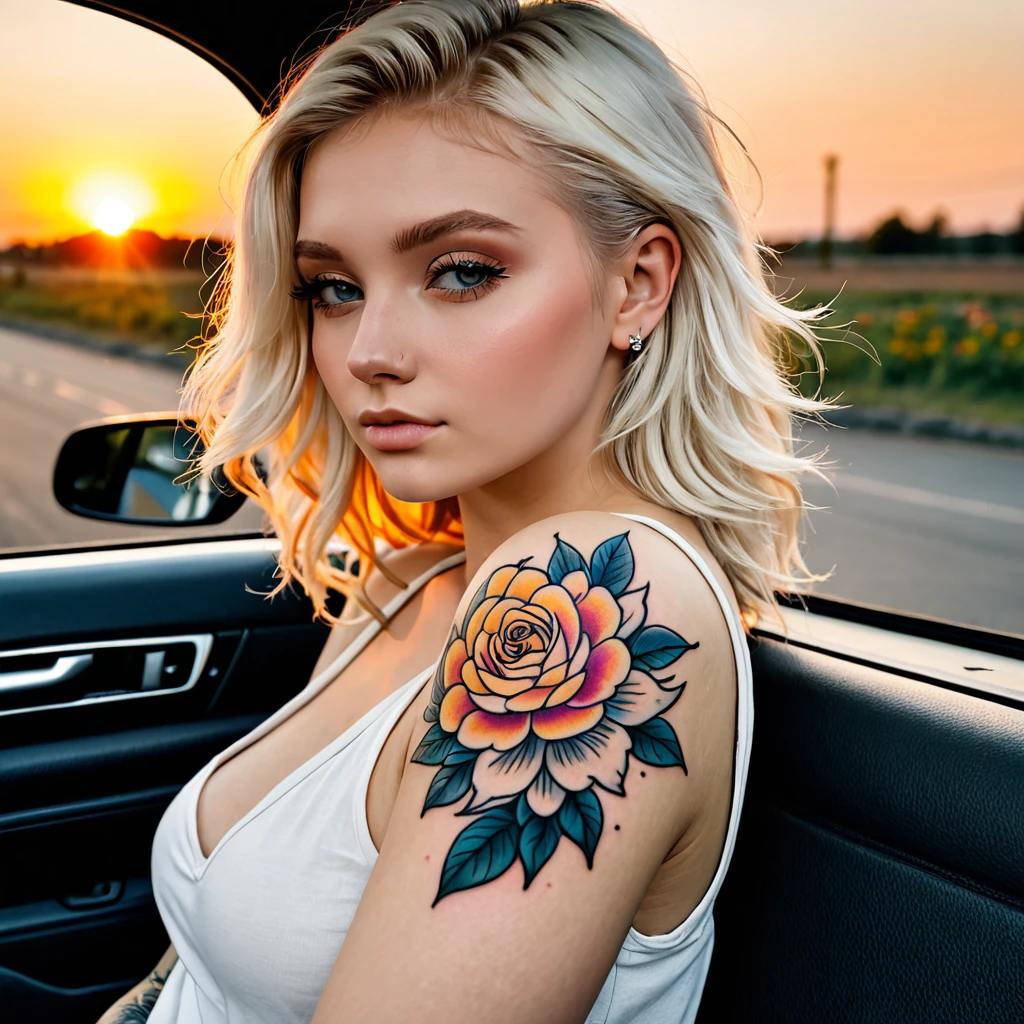 Blonde 25 years old tattoo left arm flowers angel In the car sunset