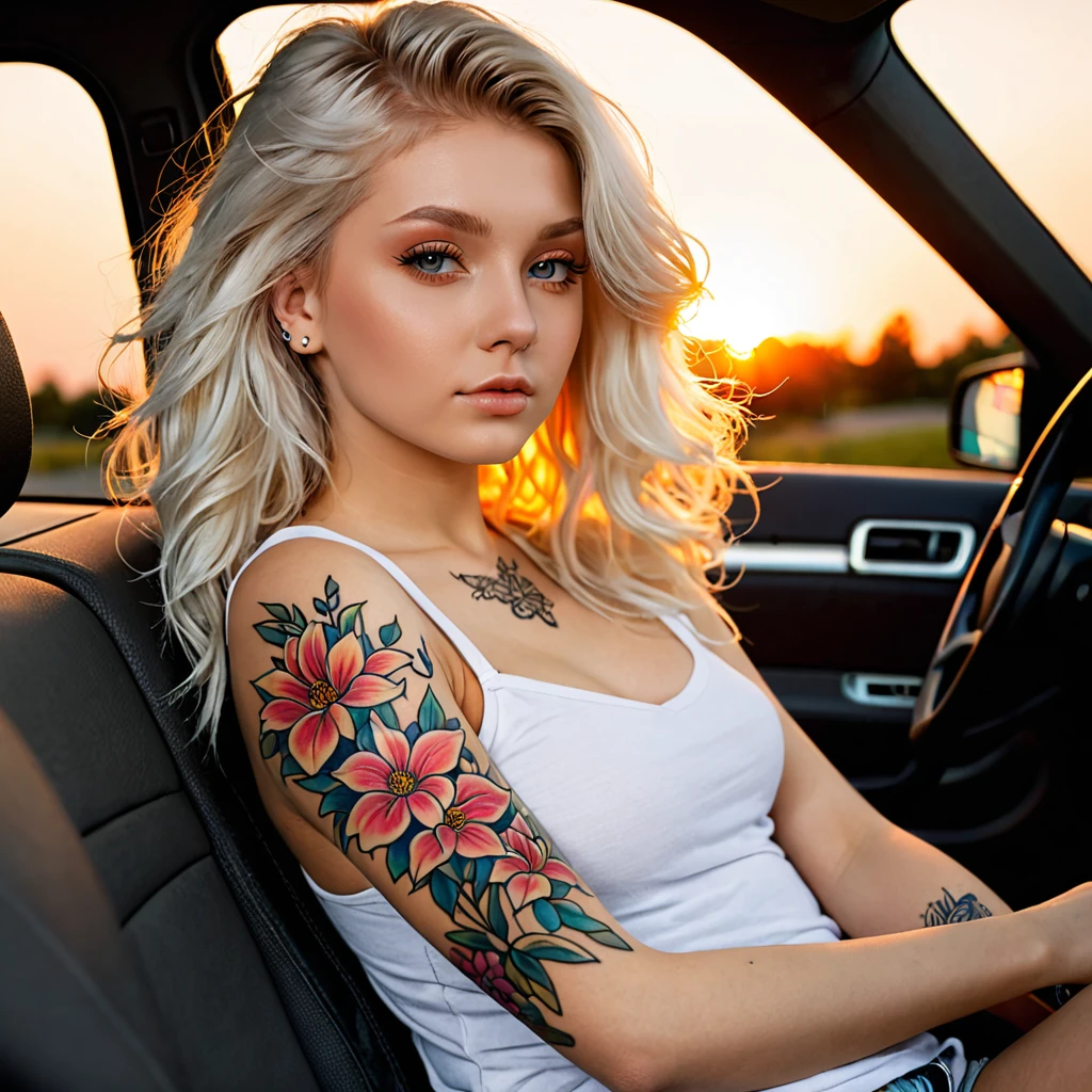 Blonde 25 years old tattoo left arm flowers angel In the car sunset