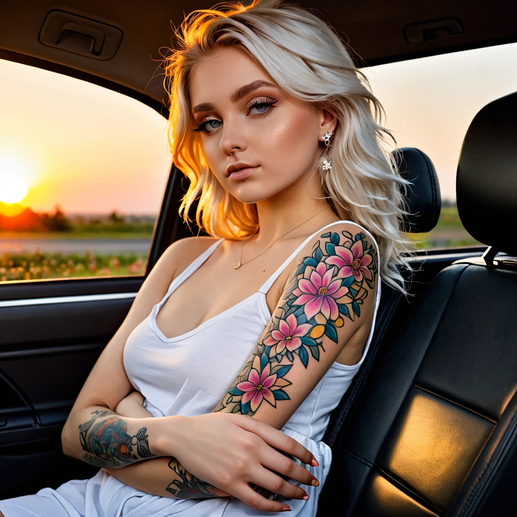Blonde 25 years old tattoo left arm flowers angel In the car sunset