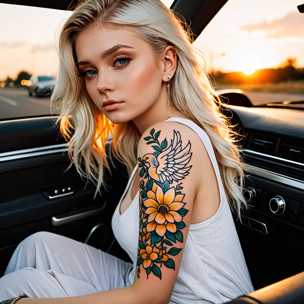 Blonde 25 years old tattoo left arm flowers angel In the car sunset 
