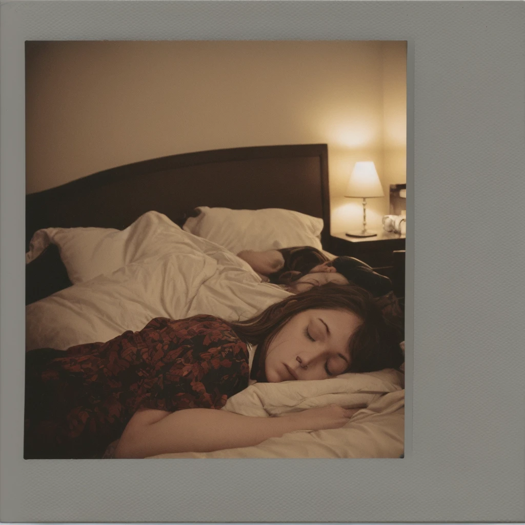 Polaroid photography of a girl sleeping on her bed during night time,the room is adorned with futuristic details