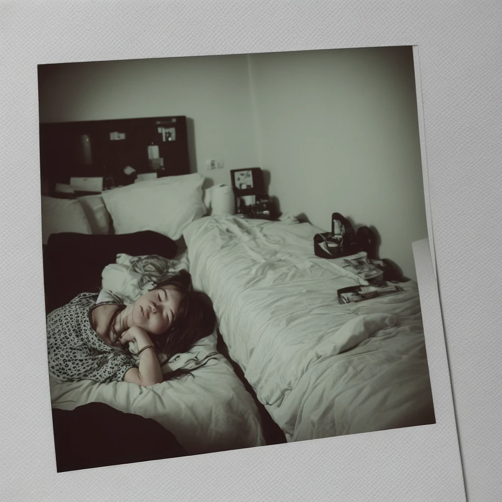 Polaroid photography of a girl sleeping on her bed during night time,the room is adorned with futuristic details