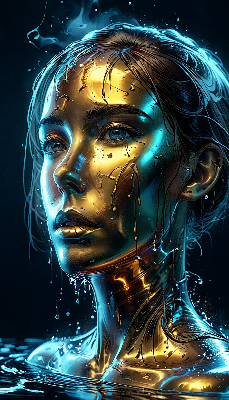metal brillante, a metal liquid container spilling out and forming a face, artistic image, masterpiece, HD, 8k, cinematic lighting, highly detailed, photorealistic, dramatic shadows, intricate details, moody atmosphere, dynamic composition, complex textures, seamless blending, glossy surfaces, gleaming metal, molten flow, liquid metal face, striking contrasts, surreal and dreamlike, hyper-realistic, complex color palette, precise brushwork, neon color background,