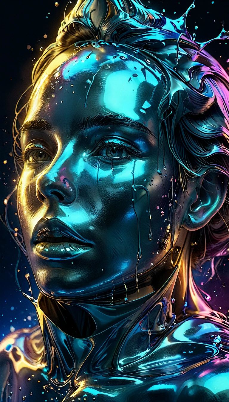 metal brillante, a metal liquid container spilling out and forming a face, artistic image, masterpiece, HD, 8k, cinematic lighting, highly detailed, photorealistic, dramatic shadows, intricate details, moody atmosphere, dynamic composition, complex textures, seamless blending, glossy surfaces, gleaming metal, molten flow, liquid metal face, striking contrasts, surreal and dreamlike, hyper-realistic, complex color palette, precise brushwork, neon color background,