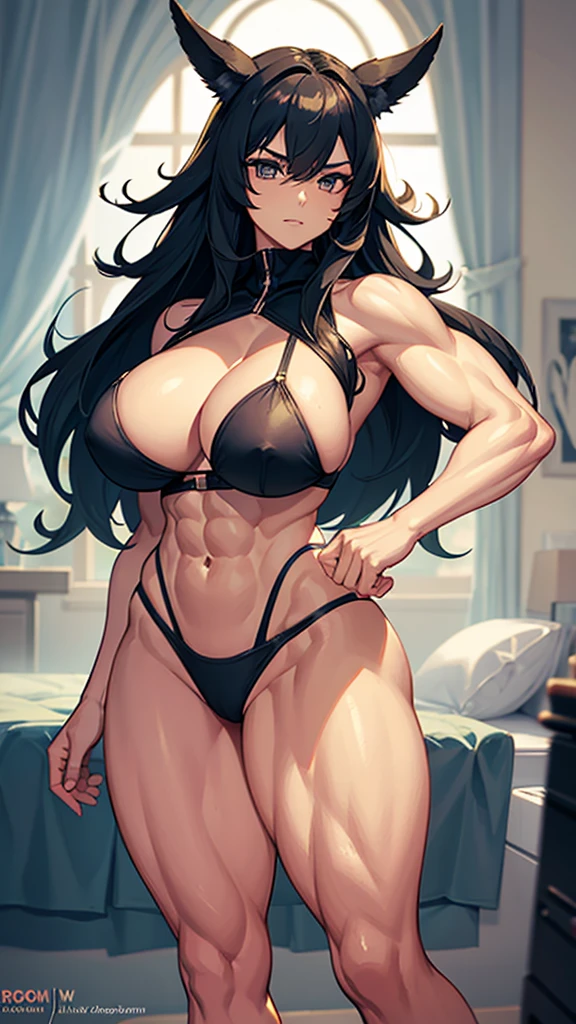girl, bodybuilder, huge breasts, slim waist, veiny muscles, long hair, detailed face, masterpiece, curvy fit body, detailed body, muscular legs, thin waist, strong abs, wide hips, seductive look, detailed sixpack, slim waist, large chest, huge tits, bedroom, on the bed, bikini, curvy body, flexing muscles, huge muscles, veiny abs, veiny legs