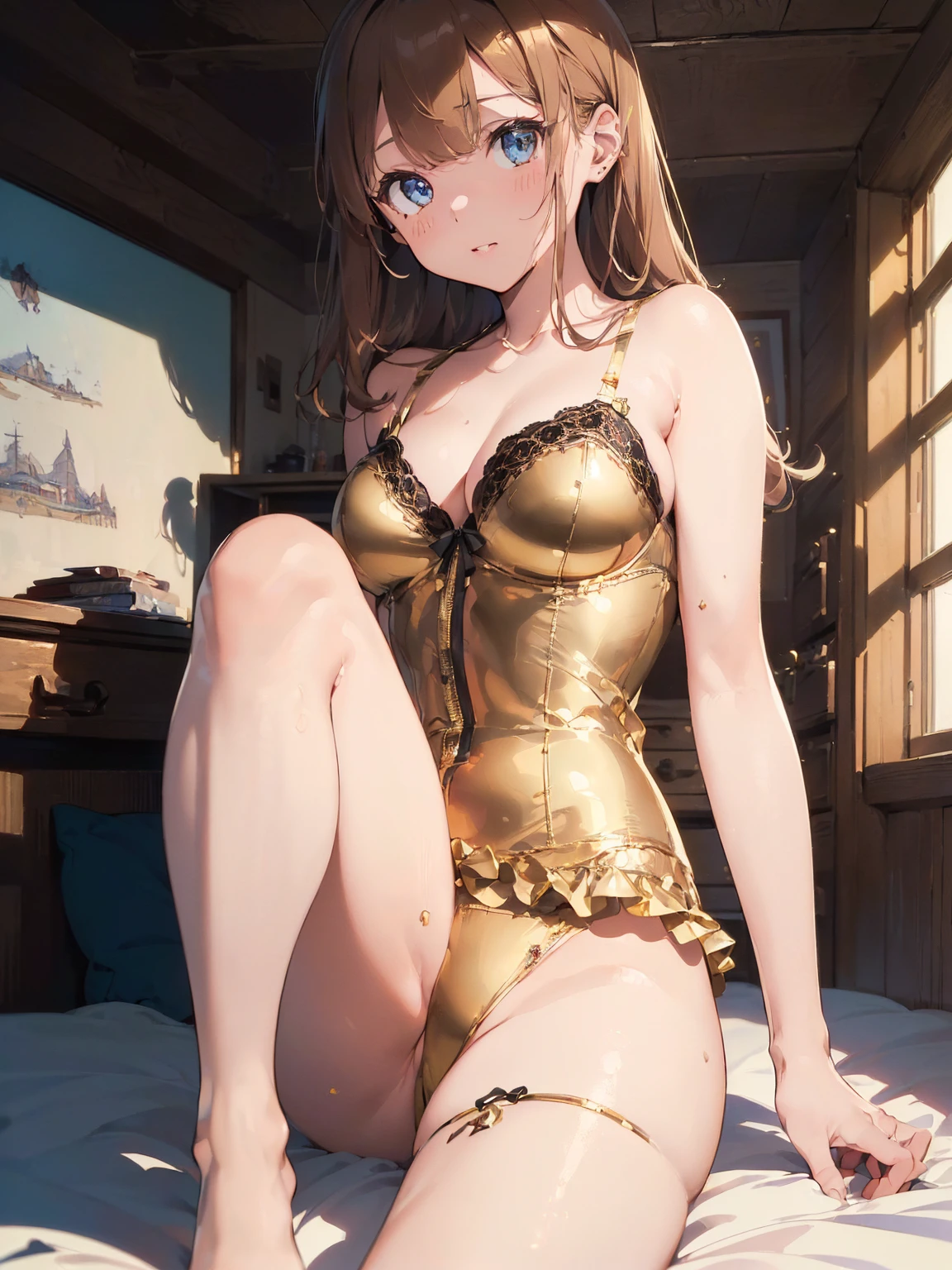 (master piece:1.8),(Best Quality:1.8),(ultra-detailliert:1.8),(8K:1.8),(superfine illustration:1.5),(A woman who draws beautiful pictures),Cute Girl,(Metallic Gold,lingerie:1.4),(Sexy Pose:1.5),to stand,(Bedrooms:1.6),Dynamic Angle,Random position,blue tone、