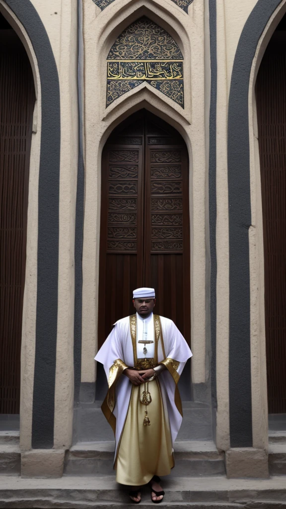 Photorealistic images of Indonesia's Acehnese superheroes, their sleek, Renaissance-inspired costumes, decorated with intricate traditional Acehnese patterns, look majestic against the backdrop of Aceh's Grand Mosque. The superhero surveys the bustling city of Aceh, his powerful wings shadowing the iconic buildings