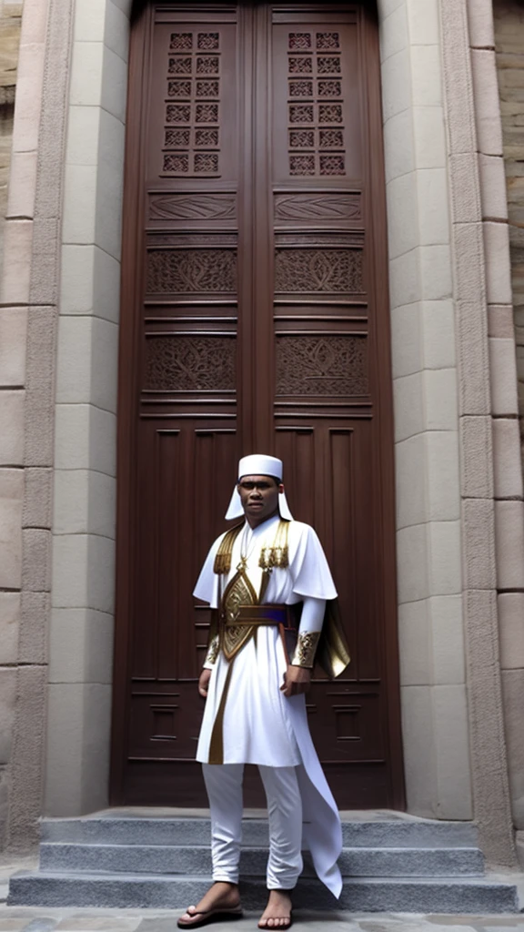 Photorealistic images of Indonesia's Acehnese superheroes, their sleek, Renaissance-inspired costumes, decorated with intricate traditional Acehnese patterns, look majestic against the backdrop of Aceh's Grand Mosque. The superhero surveys the bustling city of Aceh, his powerful wings shadowing the iconic buildings