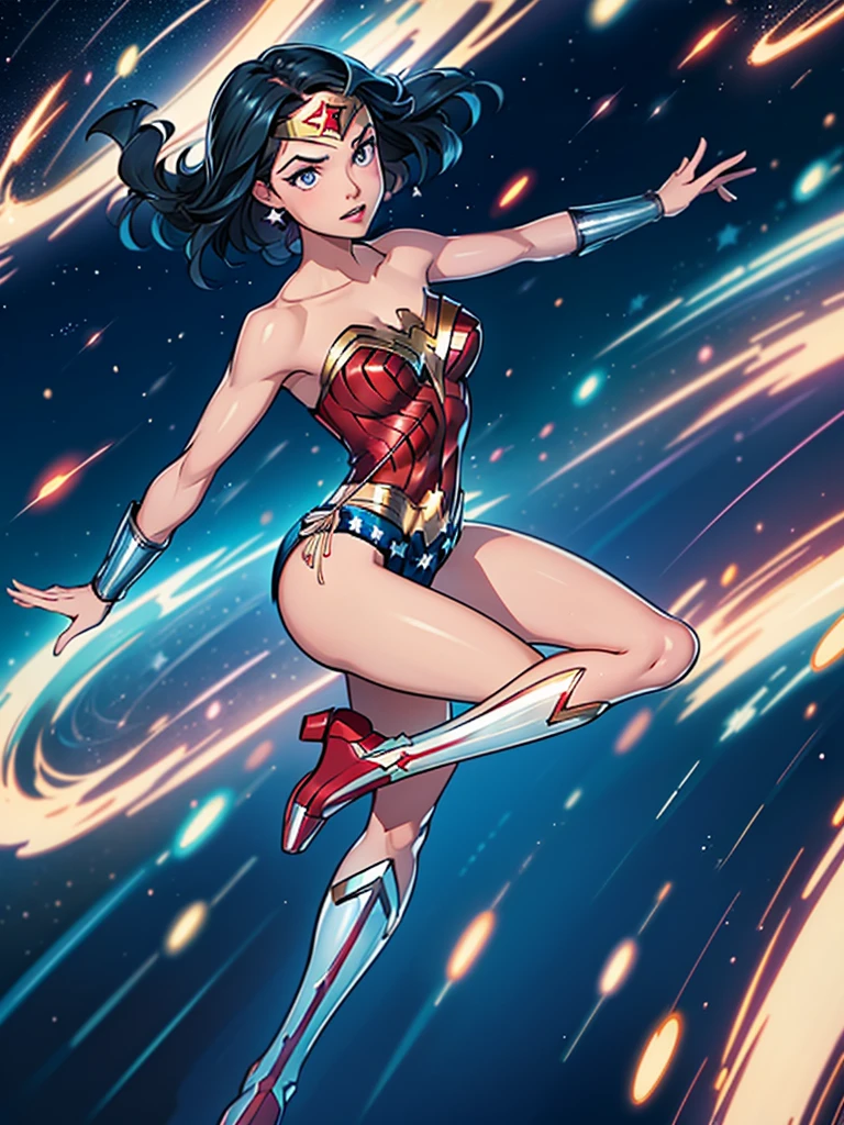 1girl, wonder woman, (leotard, bare legs), boots, gloves, space, solo, single, spread arms, standing, (spinning) like a (tornado), light particles, sparkling, super speed, solo, single, speed lines