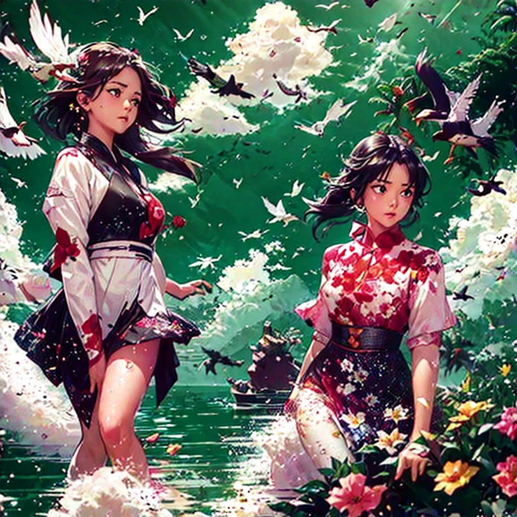 masterpiece, illustration, anime, 1girl, floral, cloud, bird, flow