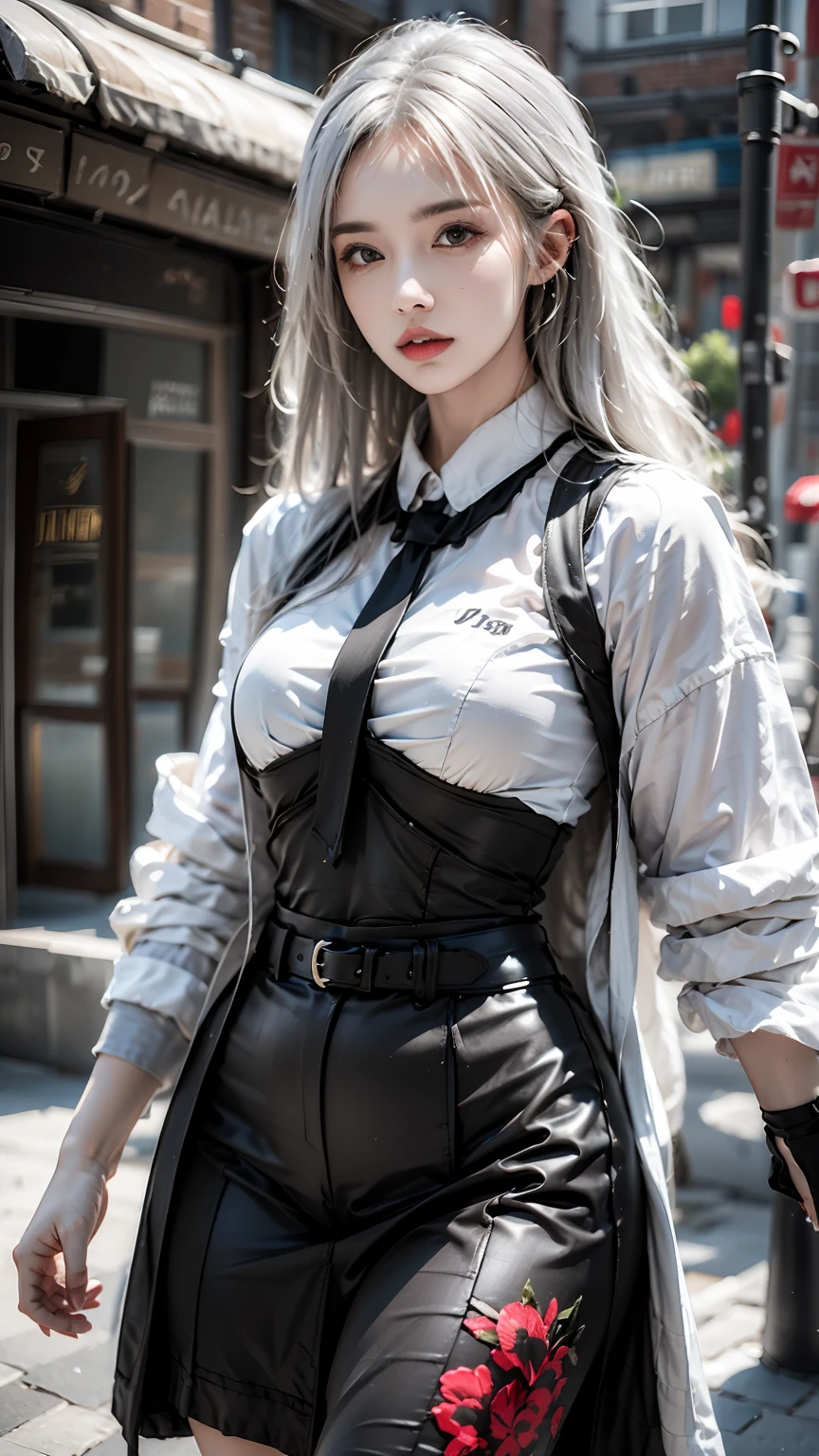 female,masterpiece, realistic, best quality, ultra detailed, cowboy_shot, long white hair, jewelery, street wear, colorful clothing