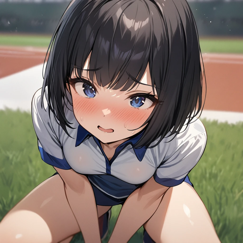 Top quality, masterpiece, 1 girl, black hair, bob cut, track and field uniform, crouching start, front position, face zoomed in, spirited expression