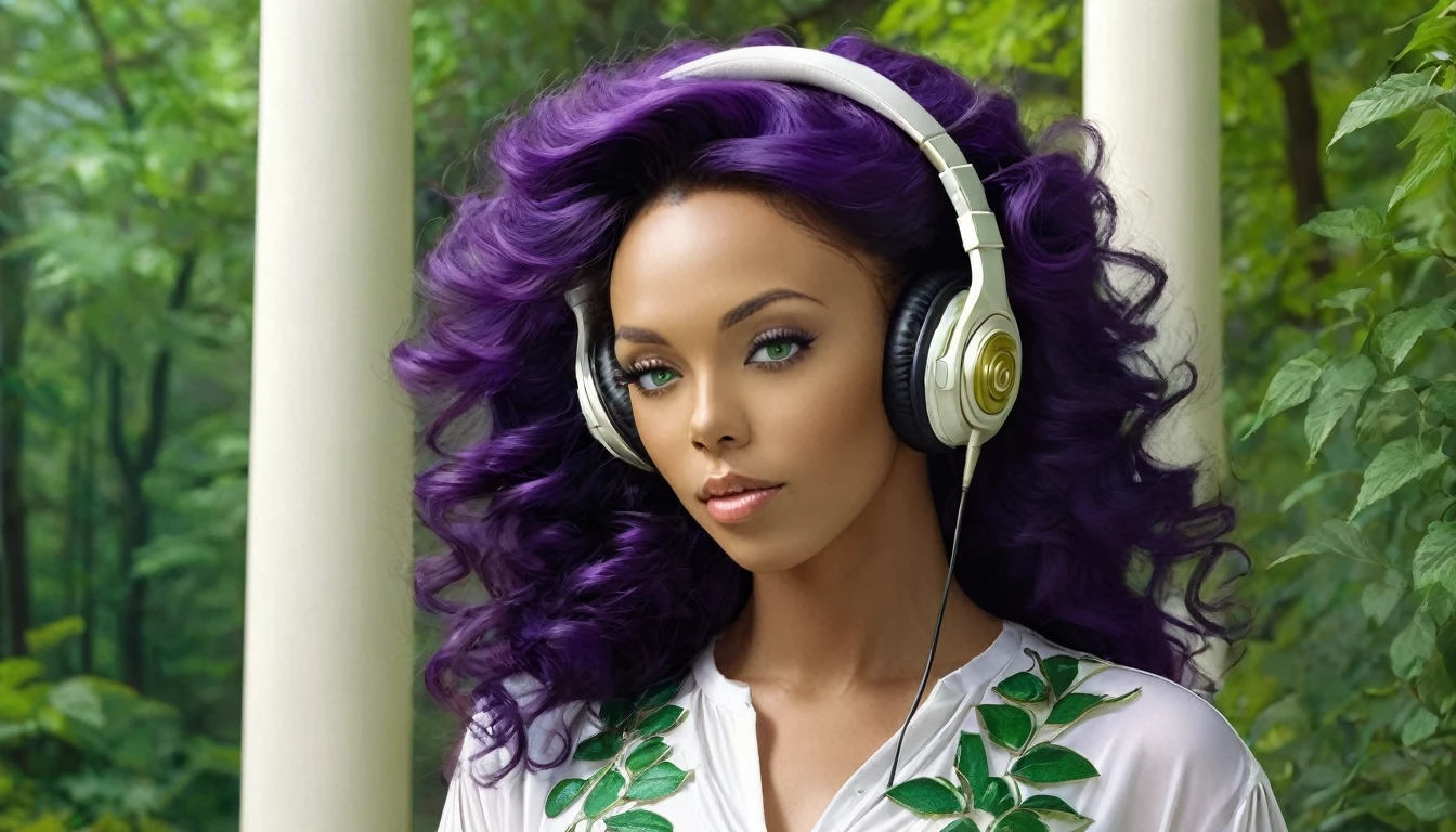 BEAUTIFUL WOMAN WITH Donna Summer FACE, 25 YEARS OLD, GREEN EYES, FULL BODY IMAGE, WITH HEADPHONES, SMALL, , LISTENING TO MUSIC, LONG PURPLE HAIR, NATURE, FOREST, IVORY HOUSE WITH GOLD, IVORY COLUMN WITH GOLD, YOUTUBE SYMBOL