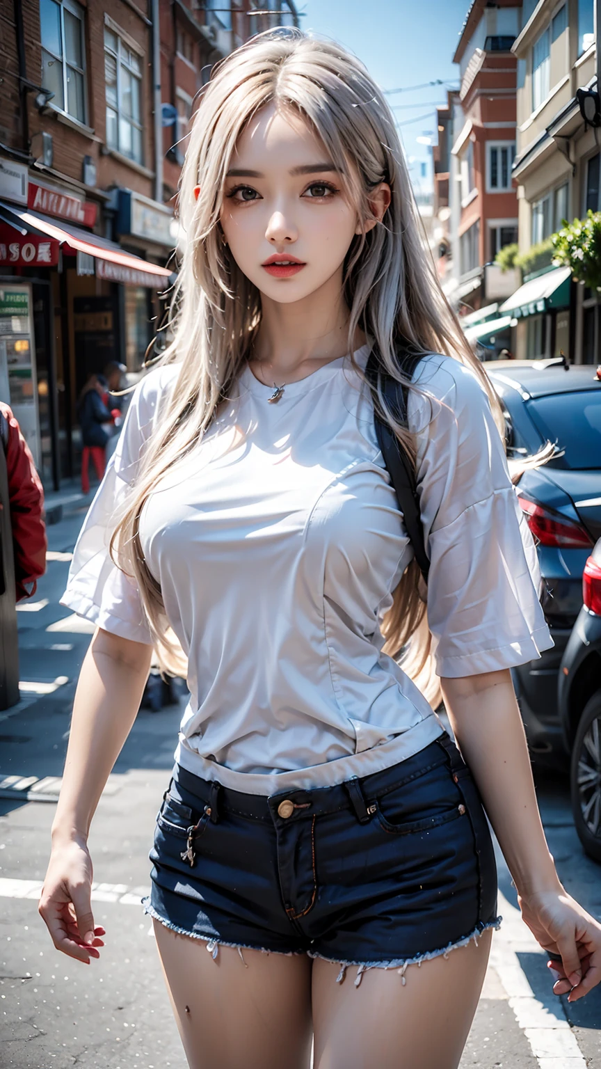 female,masterpiece, realistic, best quality, ultra detailed, cowboy_shot, long white hair, jewelery, street wear, colorful clothing