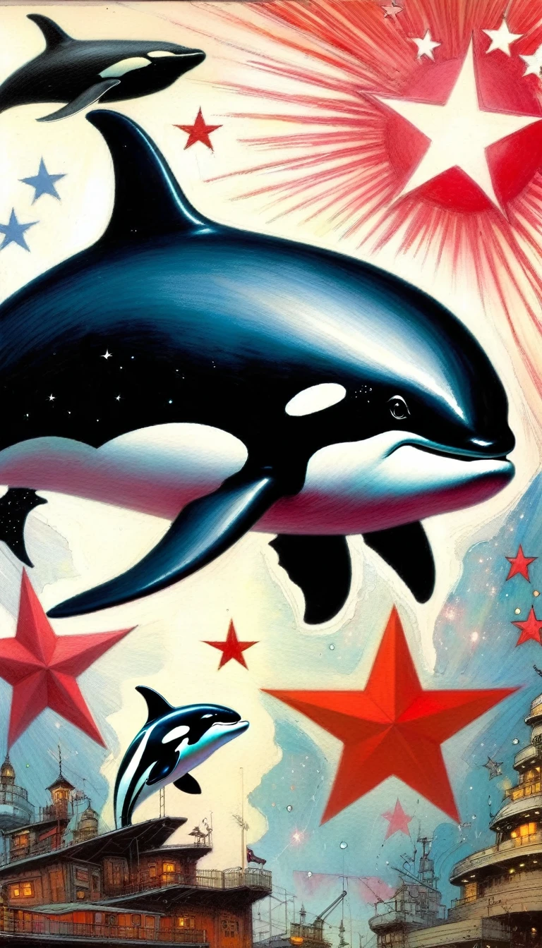 a drawing of an 1killer whale and a 1communist star, magic, fantastic (art inspired in Skottie Young and Bill Sienkiewicz). oil painting)