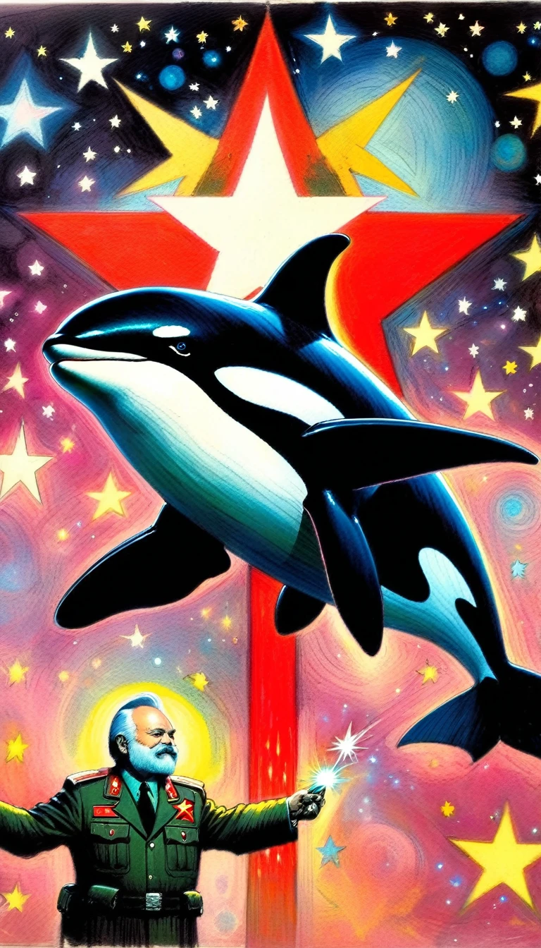a drawing of an 1killer whale and a 1communist star, magic, fantastic (art inspired in Skottie Young and Bill Sienkiewicz). oil painting)