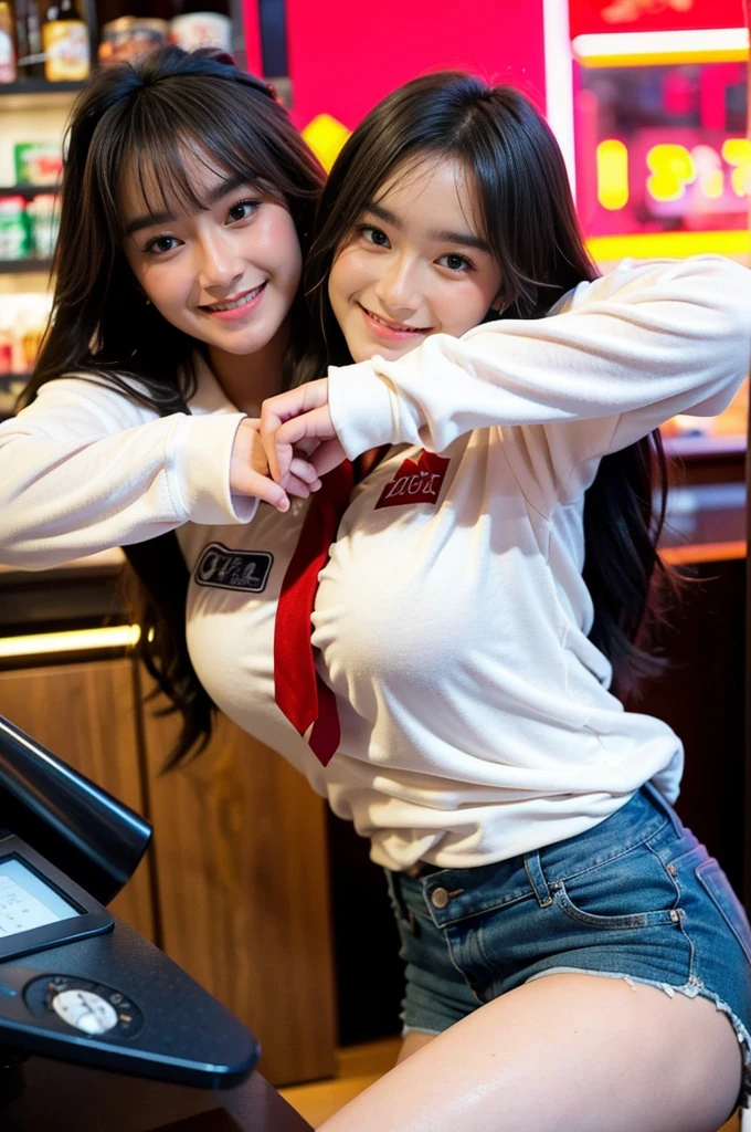muste piece、High resolution、convenience store of the future、Convenience store clerk、26 year old female、1girl clerk、looking at the camera,((panties sexy))smile、Finished as pictured、The cashier is also beautiful、Her skin is white and beautiful、long and beautiful hair、inner color、hair should be tied back、Clerk's uniform、
