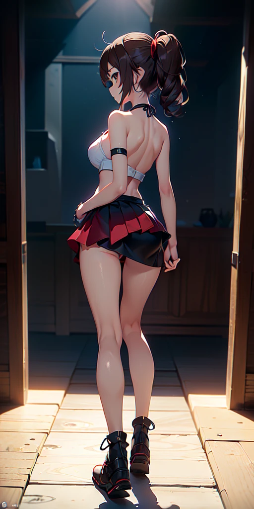 ((dynamic full body view, Female , ((only with 10 cm long mini skirt)), professional seductress, secret agent,  rear side solar lighting,