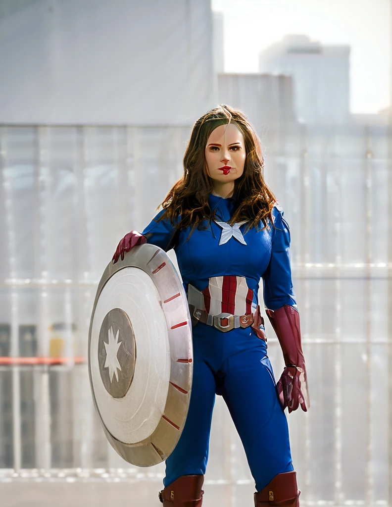cinematic photo (full height:1.3), a beautiful (((ohwx woman))) As female Captain America from the Marvel Comics, wearing a red, white, and blue suit, wielding a vibranium shield, standing tall in a heroic pose, set against a backdrop of a battle scene or iconic cityscape, vivid colors, high-resolution, 8k quality, true to the Marvel universe, inspiring and empowering illustration., inspired by Krenz Cushart, neoism, kawacy, wlop, gits anime,A shaggy, short cut., . 35mm photograph, film, bokeh, professional, 4k, highly detailed