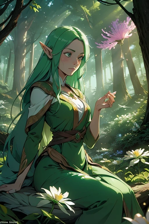 (((Wood elves floating above the forest, Tearing flowers in the forest ))) green hair, body, Radial glow, white fern flowers, Optical, Panoramic lighting, atmospheric perspective, dawn, Smoothing: 5D, Light painting, Color, beautiful countenance, clear facial features, symmetrical transparent wings, impressive detail