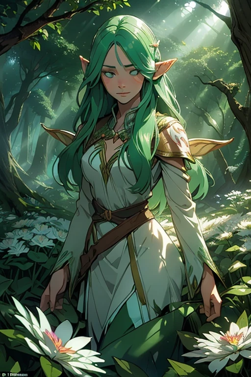 (((Wood elves floating above the forest, Tearing flowers in the forest ))) green hair, body, Radial glow, white fern flowers, Optical, Panoramic lighting, atmospheric perspective, dawn, Smoothing: 5D, Light painting, Color, beautiful countenance, clear facial features, symmetrical transparent wings, impressive detail