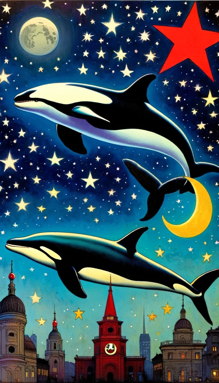 a communist poster with a drawing of an 1killer whale and a 1communist star, magic, fantastic, night sky, moon, stars, background, (art inspired in Skottie Young and Bill Sienkiewicz). oil painting)