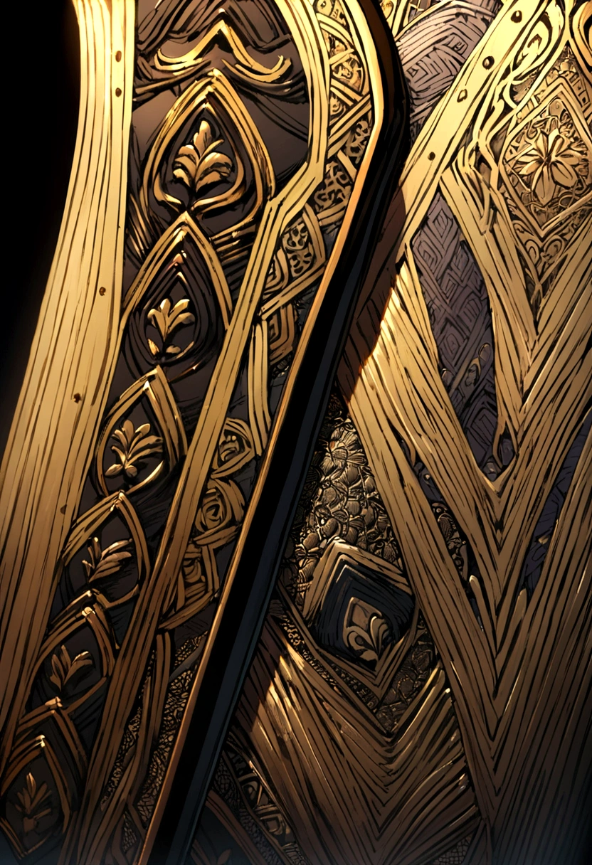 A large black ax except for the edge, which is white.. The handle is gold with detailed patterns.