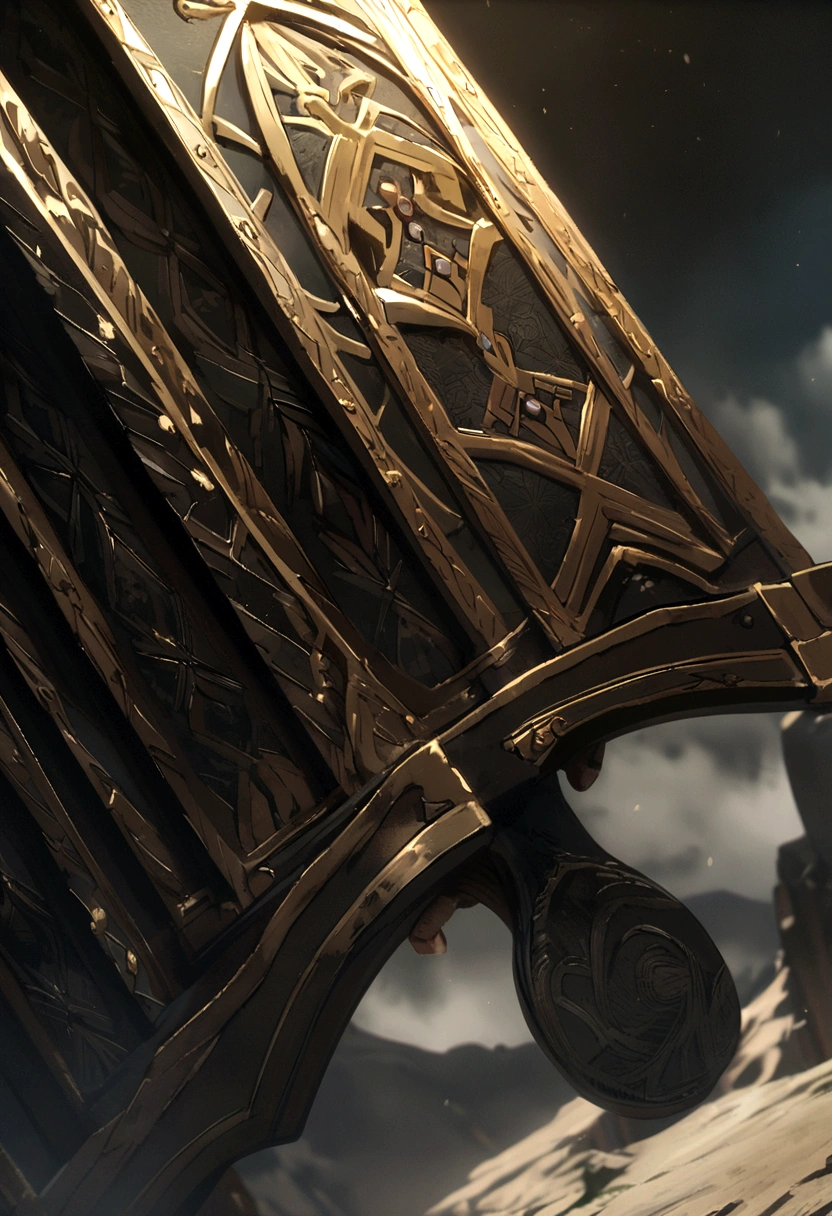 A large black ax except for the edge, which is white.. The handle is gold with detailed patterns.