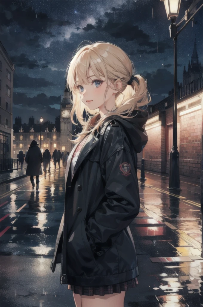 best quality, rain, night, sky, london, city, one girl.