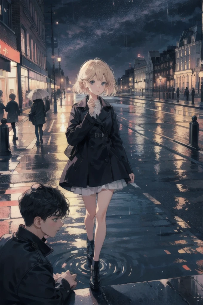 best quality, rain, night, sky, london, city, one girl.