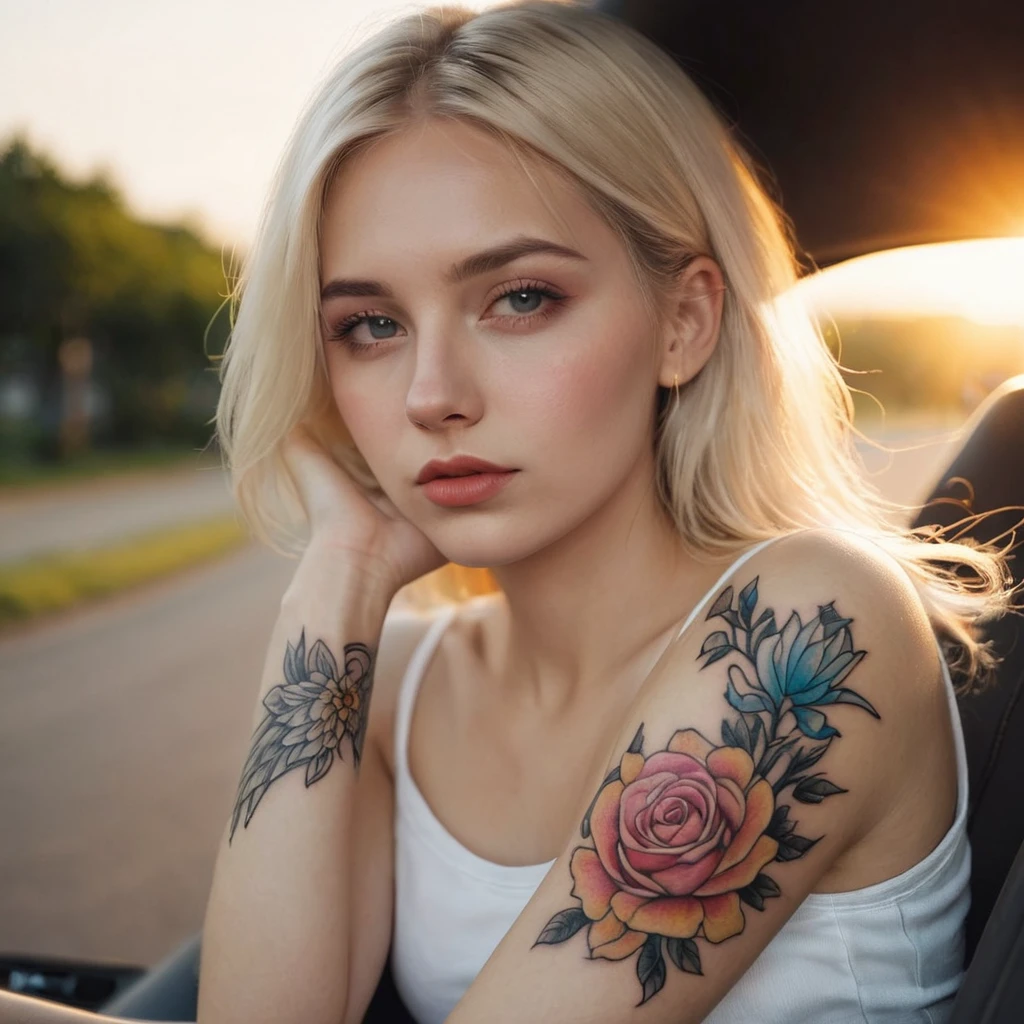 Blonde 25 years old tattoo left arm flowers angel In the car sunset